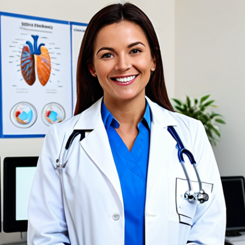 **

"A professional female doctor in a clean, bright hospital office. She is wearing a white coat and modest medical attire, fully clothed. She is smiling warmly and looking directly at the camera. Background includes medical charts and equipment. Perfect anatomy, correct proportions, well-formed hands, safe for work, appropriate content, professional, family-friendly."

**