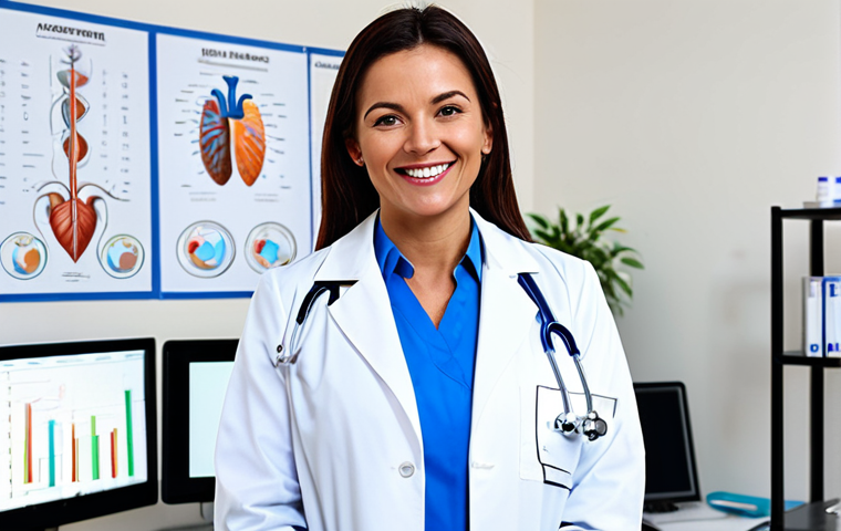 **

"A professional female doctor in a clean, bright hospital office. She is wearing a white coat and modest medical attire, fully clothed. She is smiling warmly and looking directly at the camera. Background includes medical charts and equipment. Perfect anatomy, correct proportions, well-formed hands, safe for work, appropriate content, professional, family-friendly."

**