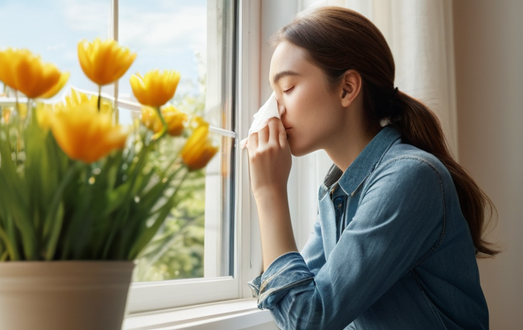 알레르기 검사로 확인 가능한 원인 - **Prompt:** A young woman, dressed in comfortable, modest casual wear (long-sleeved shirt and jeans)...