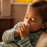 소아 비염 치료 병원 추천 - **Prompt:** A cozy indoor scene showing a young child (around 5-7 years old) experiencing mild aller...