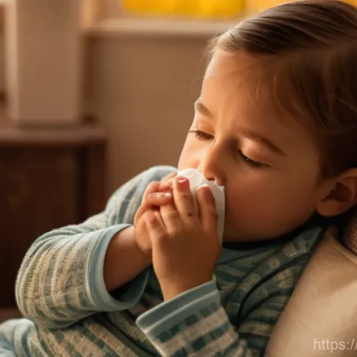 소아 비염 치료 병원 추천 - **Prompt:** A cozy indoor scene showing a young child (around 5-7 years old) experiencing mild aller...