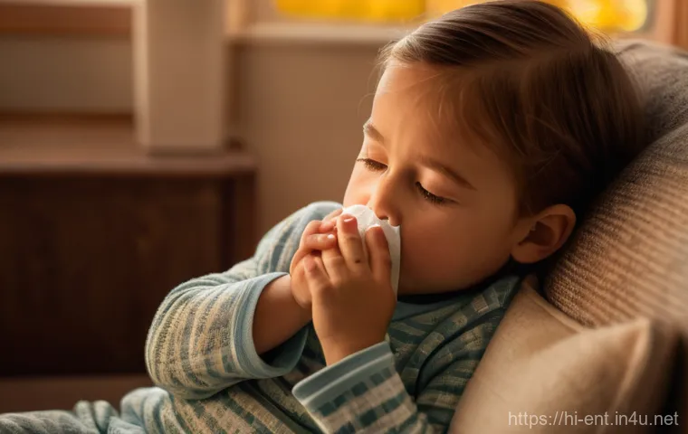 소아 비염 치료 병원 추천 - **Prompt:** A cozy indoor scene showing a young child (around 5-7 years old) experiencing mild aller...