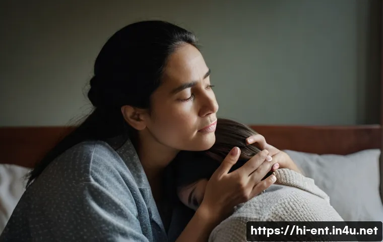 어린이 중이염 치료와 재발 방지법 - **Prompt 1: Comforting a Child with Ear Pain**
    A tender and empathetic scene. A mother with a ge...