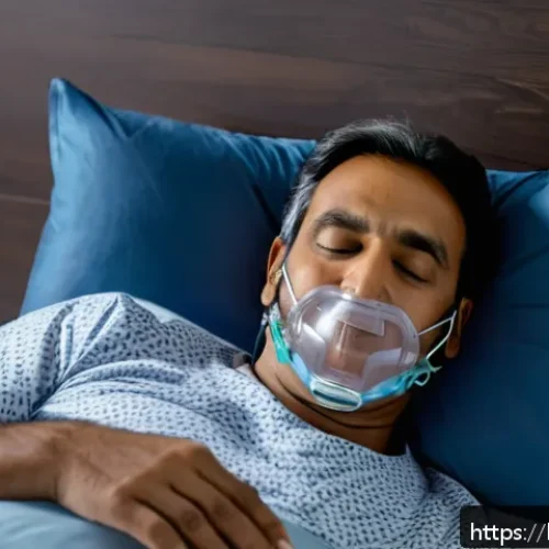 수면 무호흡증과 코골이의 관계 - A middle-aged Indian man sleeping in a bedroom with a CPAP machine mask gently fitted over his nose,...