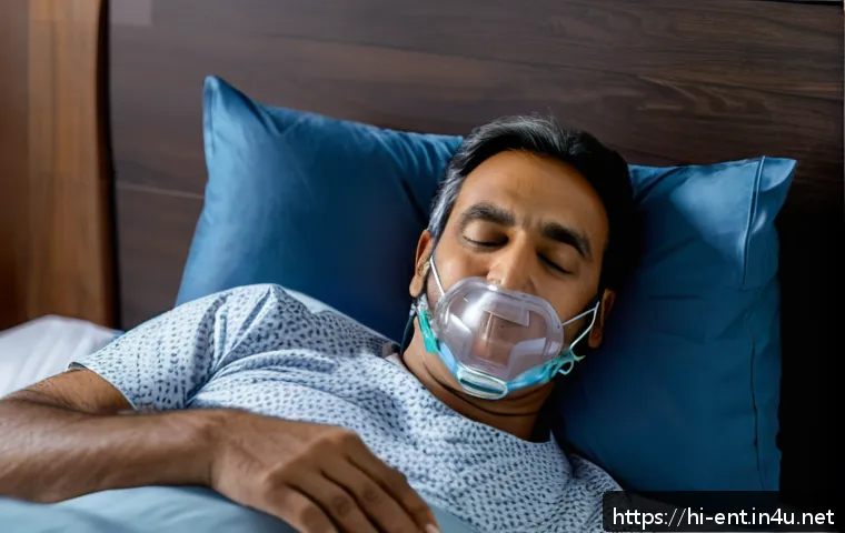 수면 무호흡증과 코골이의 관계 - A middle-aged Indian man sleeping in a bedroom with a CPAP machine mask gently fitted over his nose,...
