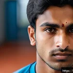 코뼈 골절 증상과 수술 필요성 - A detailed close-up portrait of a young Indian male athlete with a visibly swollen nose and slight b...