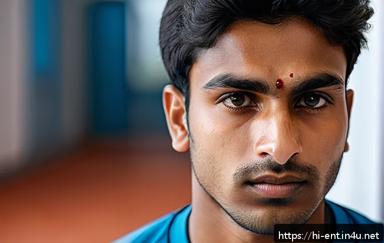 코뼈 골절 증상과 수술 필요성 - A detailed close-up portrait of a young Indian male athlete with a visibly swollen nose and slight b...