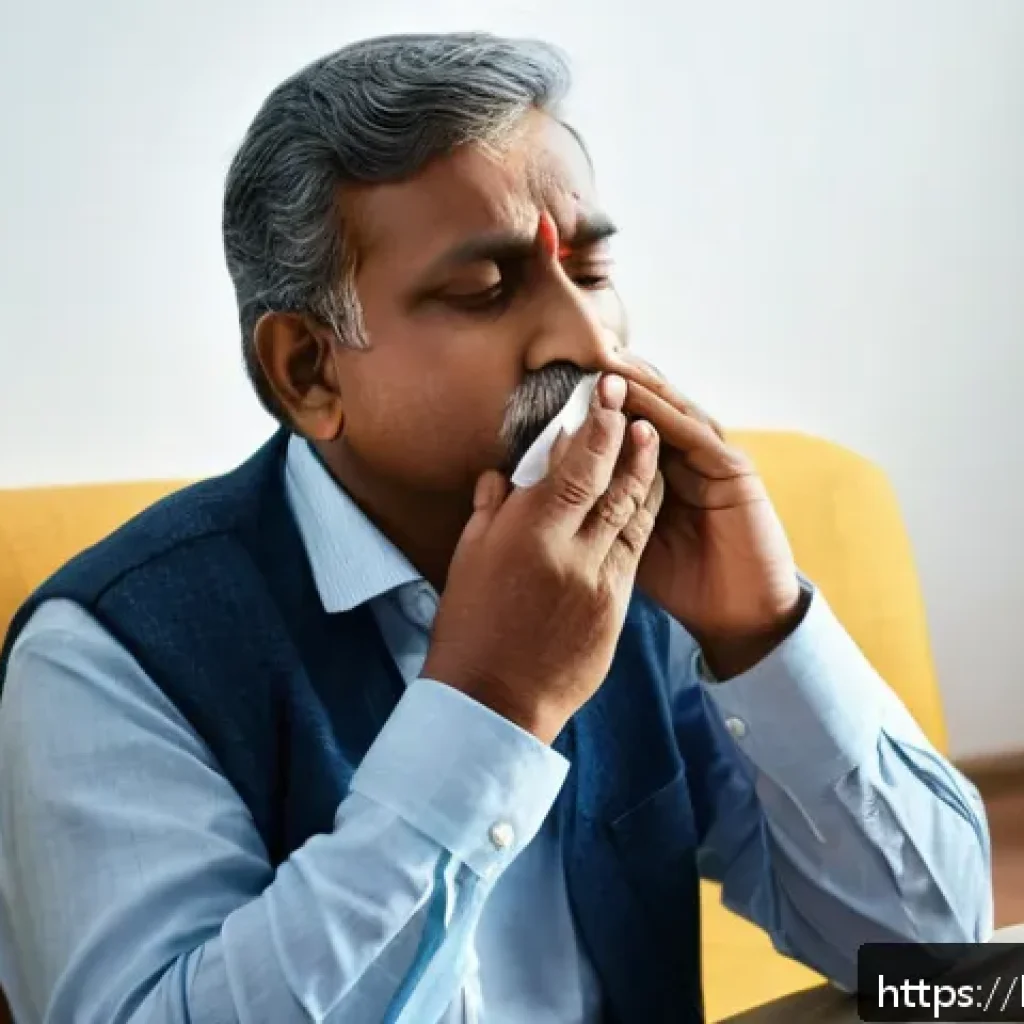 축농증 초기 증상과 진단 방법 - A middle-aged Indian man sitting indoors, holding a handkerchief gently to his nose with visible sig...
