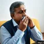 축농증 초기 증상과 진단 방법 - A middle-aged Indian man sitting indoors, holding a handkerchief gently to his nose with visible sig...