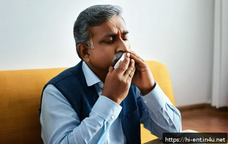 축농증 초기 증상과 진단 방법 - A middle-aged Indian man sitting indoors, holding a handkerchief gently to his nose with visible sig...